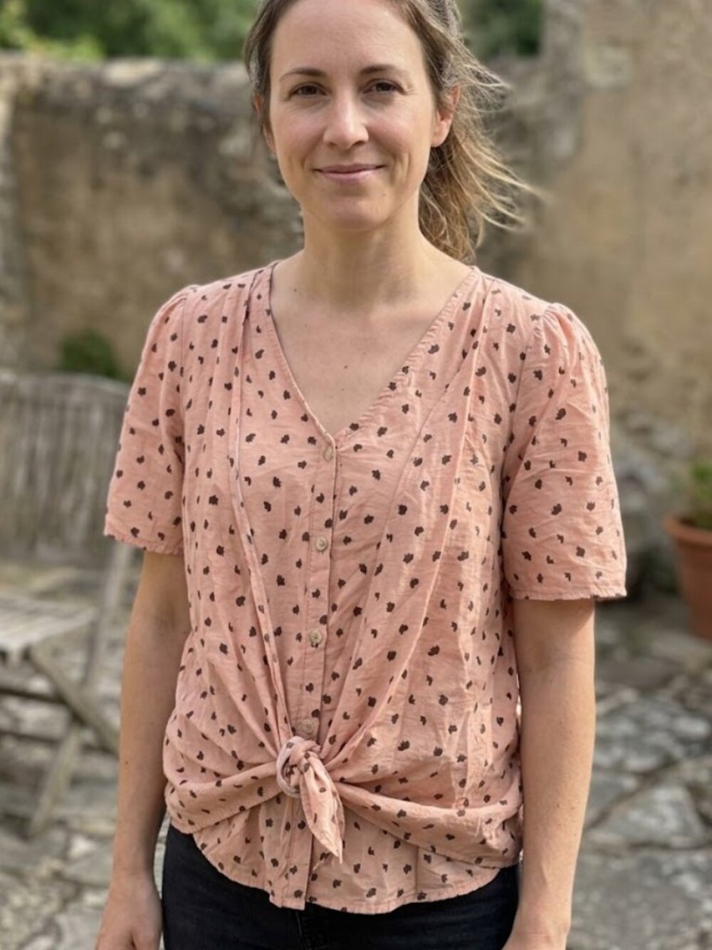 Entro Boutique Boho Tie Front Button Up Top Blouse Polka Dot Print Small Cottage